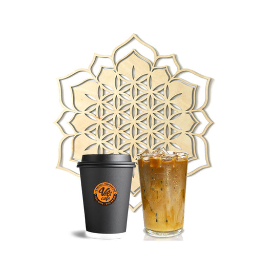 1 cà phê sữa đá + 1 tấm thiền gỗ Hoa sen